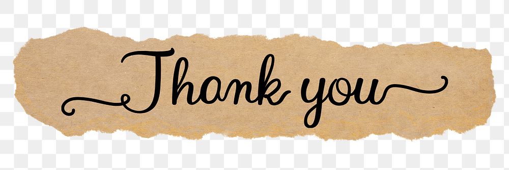 Thank you png word, black calligraphy on torn paper, transparent background