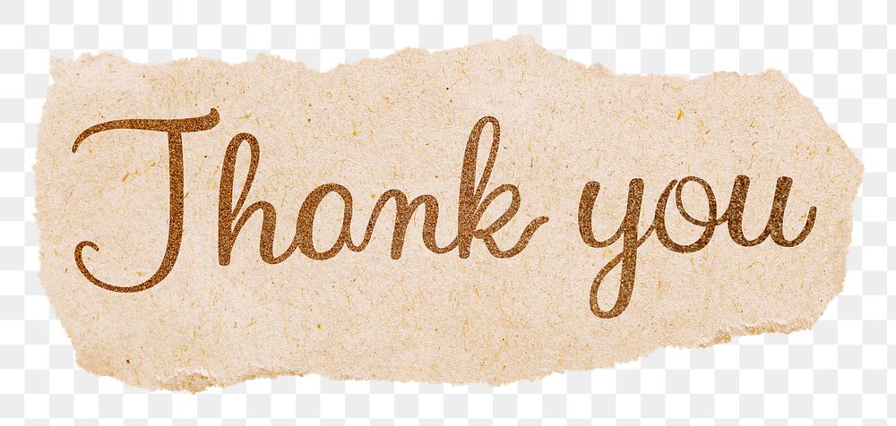 Thank you png, gold glittery calligraphy on torn paper, transparent background