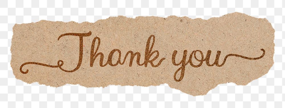 Thank you word png, ripped paper, gold glittery calligraphy on transparent background