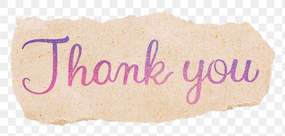 Thank you png word, ripped paper glittery calligraphy, transparent background