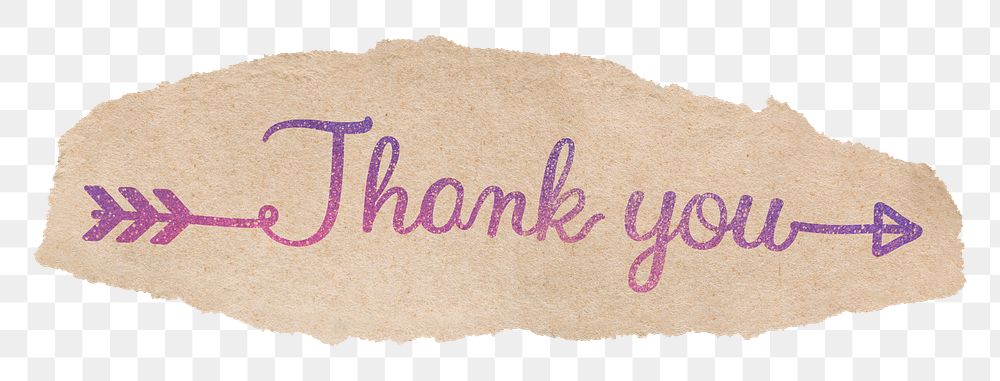 Thank you png word, ripped paper glittery calligraphy, transparent background