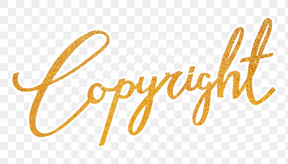 PNG copyright word, gold glittery calligraphy, digital sticker with white outline in transparent background