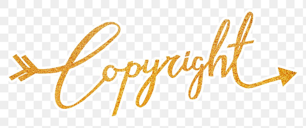 Copyright word png, gold glittery calligraphy, digital sticker with white outline in transparent background