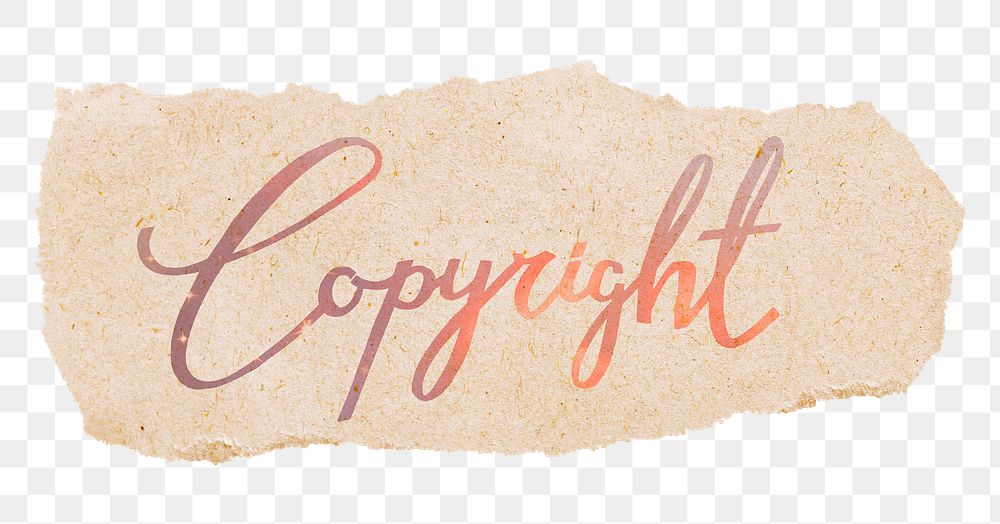 PNG copyright word, ripped paper, aesthetic sunset color calligraphy, transparent background