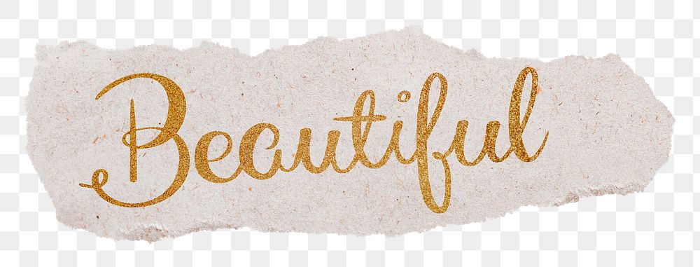 Beautiful png word, gold glittery calligraphy on torn paper, transparent background