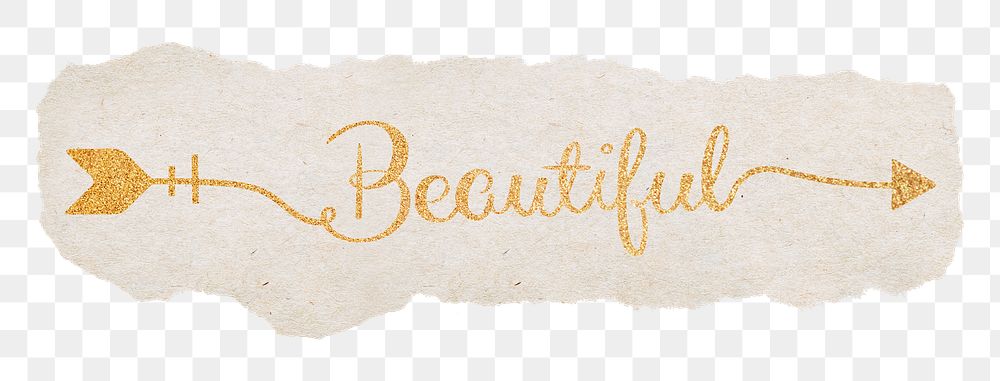 Beautiful png word, gold glittery calligraphy on torn paper, transparent background