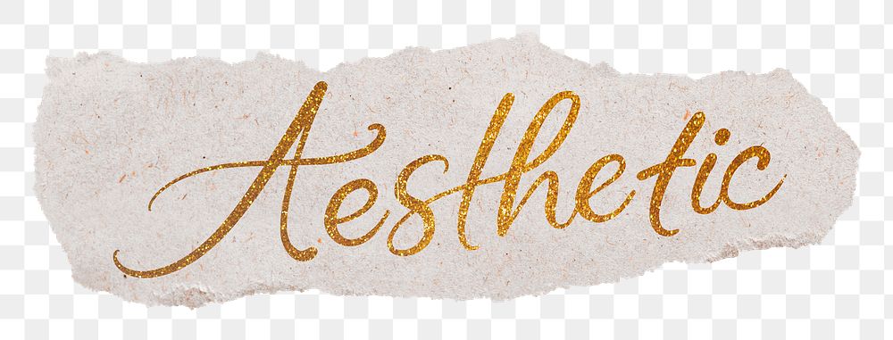 Aesthetic png word, torn paper, gold glittery calligraphy on transparent background