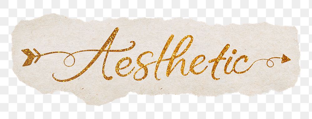 Aesthetic word png, gold glittery calligraphy on torn paper, transparent background