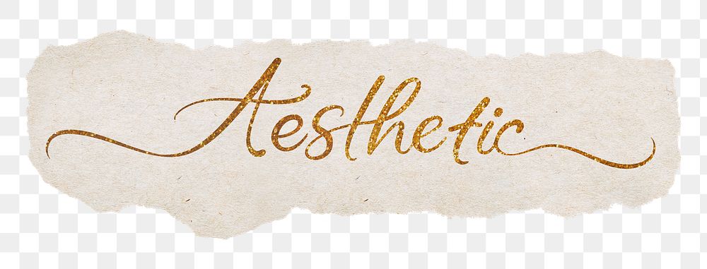 Aesthetic word png, ripped paper, gold glittery calligraphy on transparent background