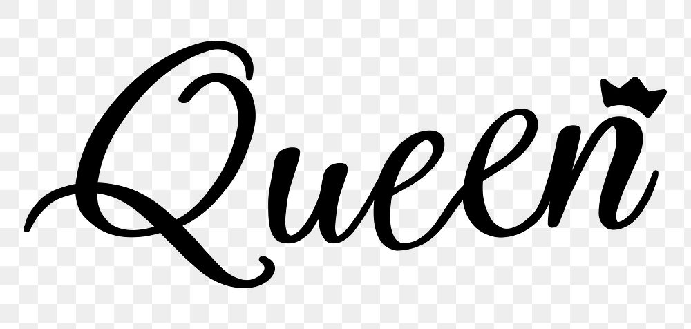 Queen png word, minimal black calligraphy, digital sticker with white outline in transparent background