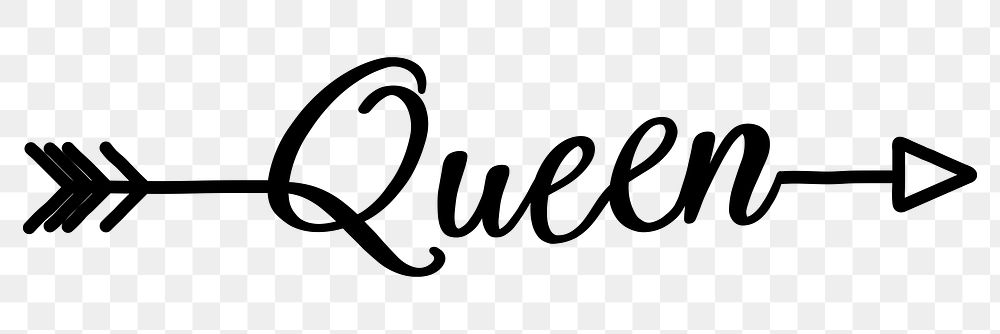 Queen word png, minimal black calligraphy, digital sticker with white outline in transparent background