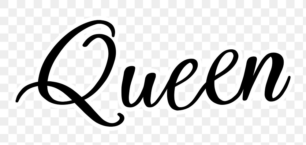 Queen png word, minimal black calligraphy, digital sticker with white outline in transparent background