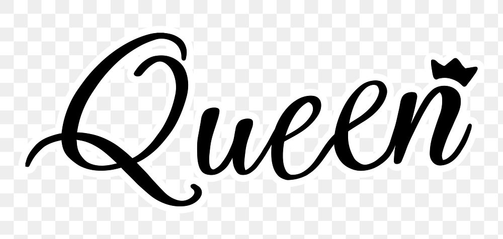 Queen word png, minimal black calligraphy, digital sticker with white outline in transparent background