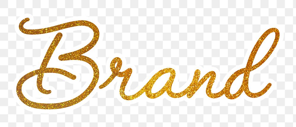 PNG branding, gold glittery calligraphy, digital sticker with white outline in transparent background