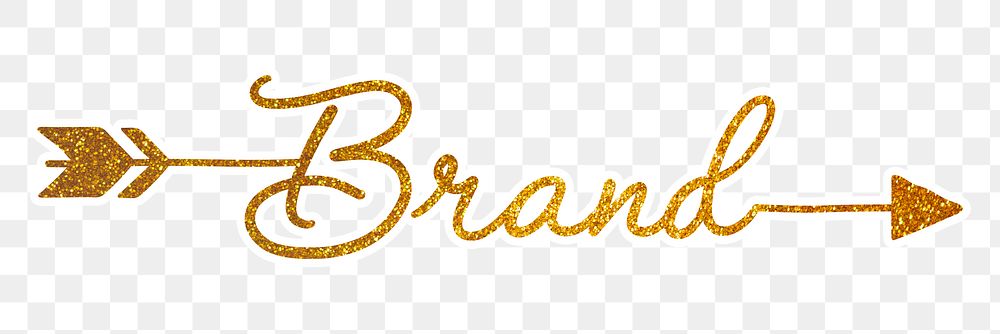 Branding word png, gold glittery calligraphy, digital sticker with white outline in transparent background