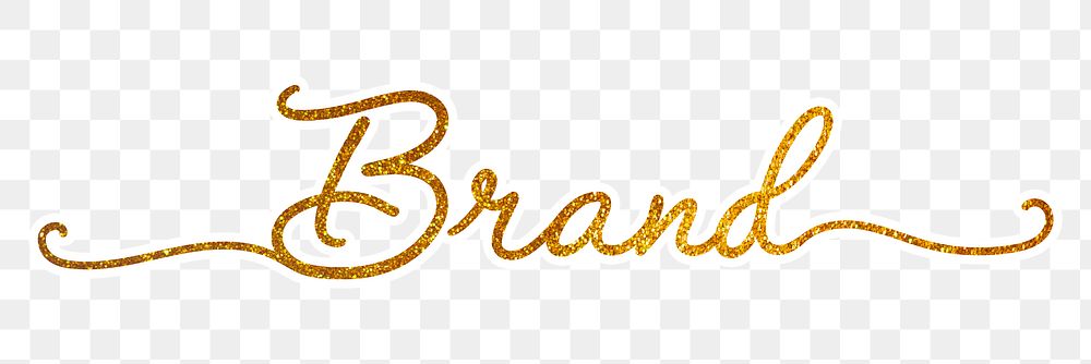 Branding word png, gold glittery calligraphy, digital sticker with white outline in transparent background