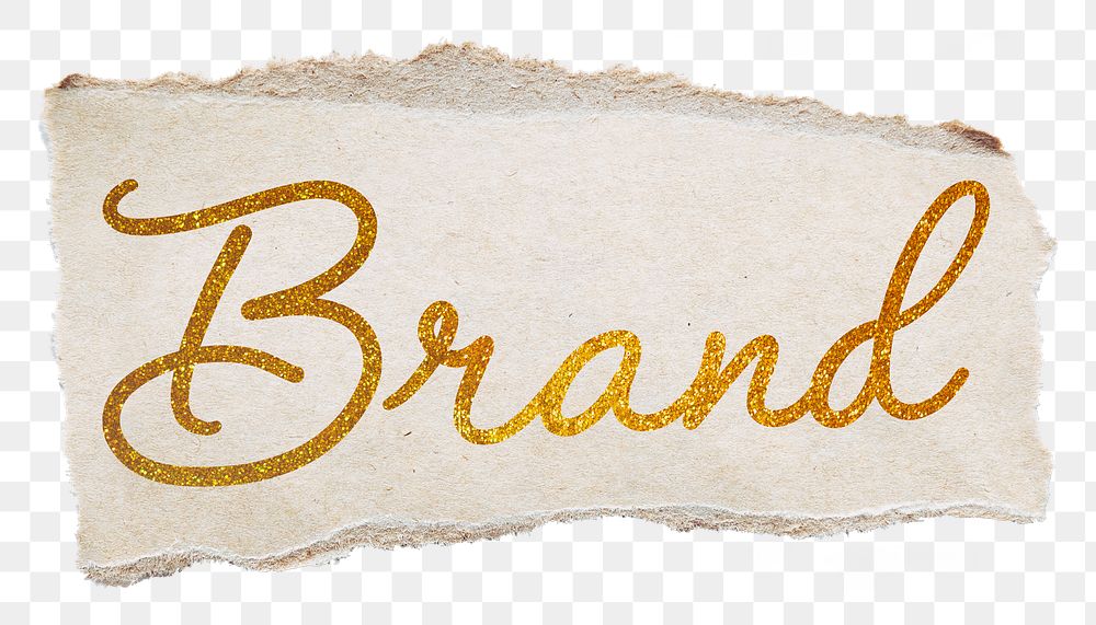 Brand word png, torn paper, gold glittery calligraphy on transparent background