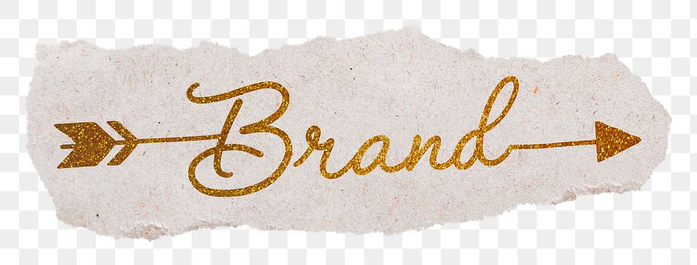 Brand word png, gold glittery calligraphy on torn paper, transparent background