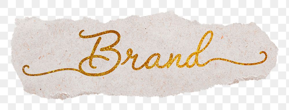 PNG brand word, gold glittery calligraphy on ripped paper, transparent background
