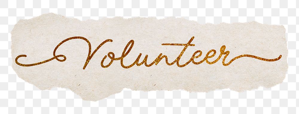 Volunteer word png, gold glittery calligraphy on torn paper, transparent background