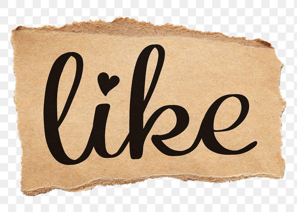 Like png word, black calligraphy on torn paper, transparent background