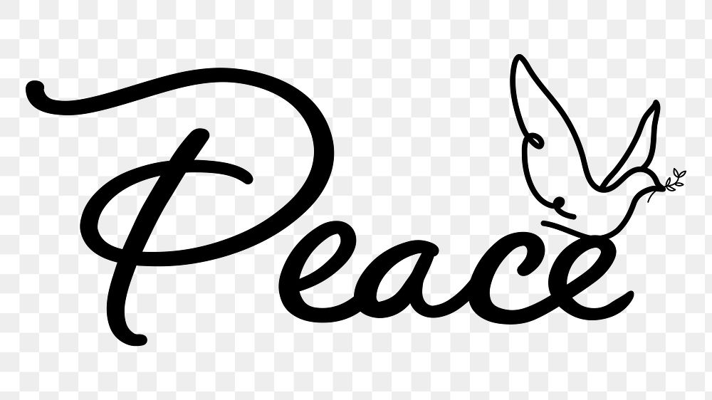 PNG peace, minimal black calligraphy, digital sticker with white outline in transparent background