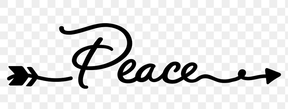 Peace png word, minimal black calligraphy, digital sticker with white outline in transparent background