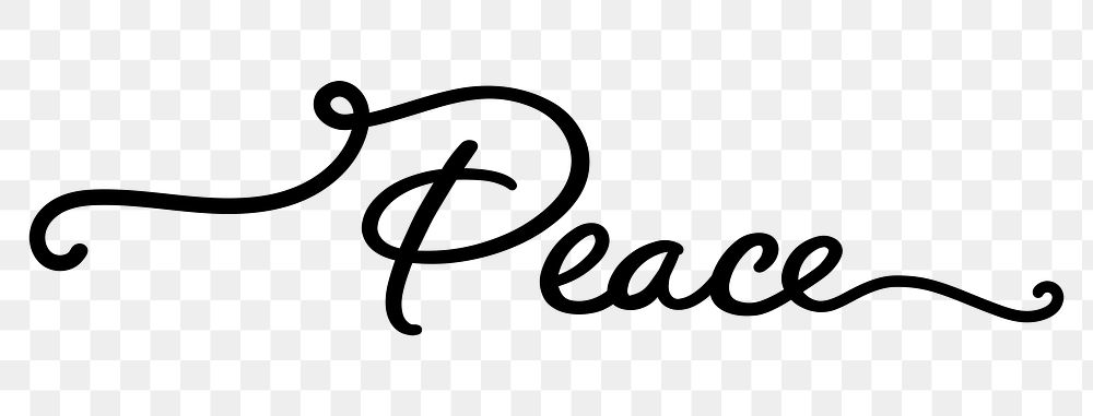 PNG peace, minimal black calligraphy, digital sticker with white outline in transparent background