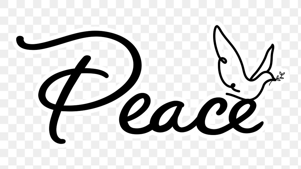 Peace word png, minimal black calligraphy, digital sticker with white outline in transparent background