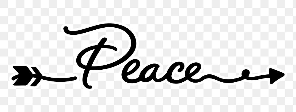 Peace png word, minimal black calligraphy, digital sticker with white outline in transparent background