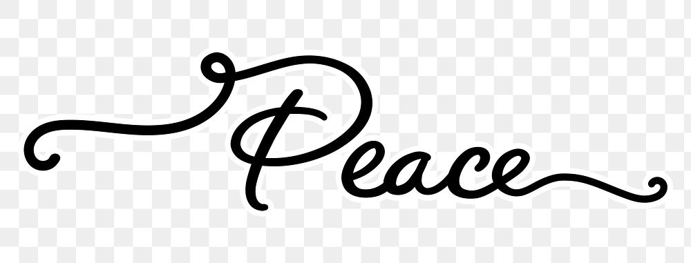 Peace word png, minimal black calligraphy, digital sticker with white outline in transparent background