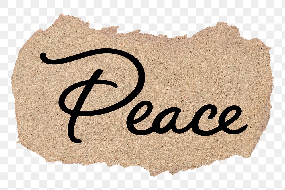 Peace word png, black calligraphy on torn paper, transparent background