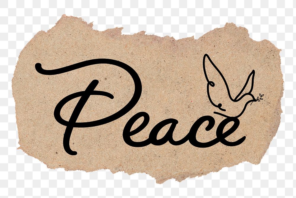 PNG peace word, ripped paper, simple black calligraphy on transparent background