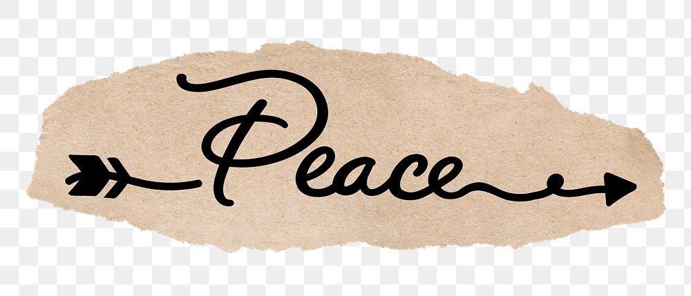 PNG peace word, torn paper, simple black calligraphy on transparent background