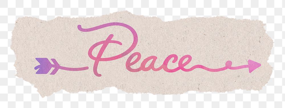 Peace word png, aesthetic pink text on a ripped paper, transparent background