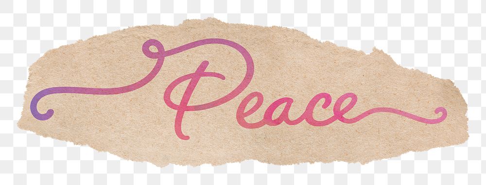 PNG peace word, aesthetic pink text on a torn paper, transparent background