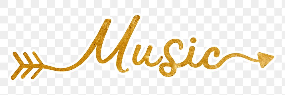 Music png word, gold glittery calligraphy, digital sticker with white outline in transparent background