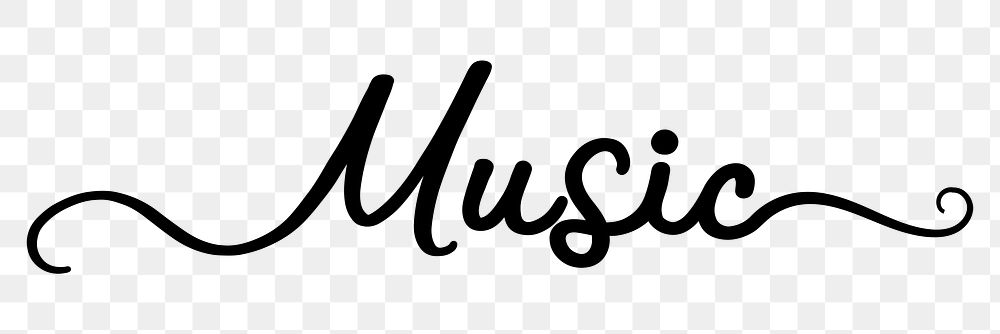 Music png word, minimal black calligraphy, digital sticker with white outline in transparent background