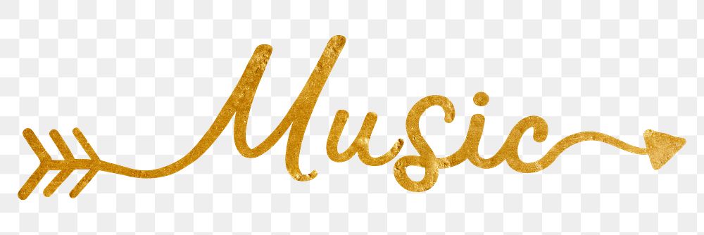 Music png word, gold glittery calligraphy digital sticker in transparent background