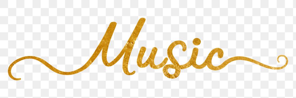 PNG music word, gold glittery calligraphy digital sticker in transparent background