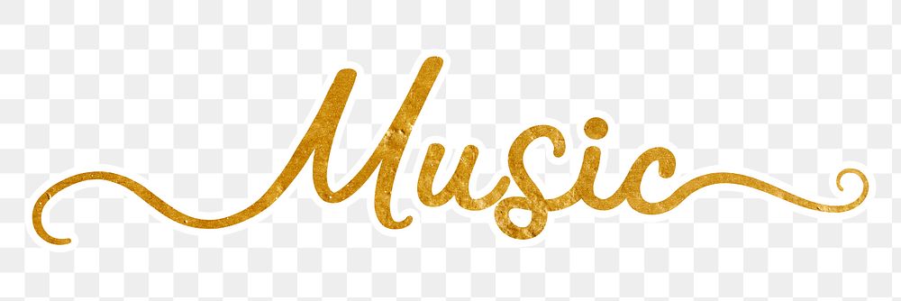 PNG music word, gold glittery calligraphy, digital sticker with white outline in transparent background