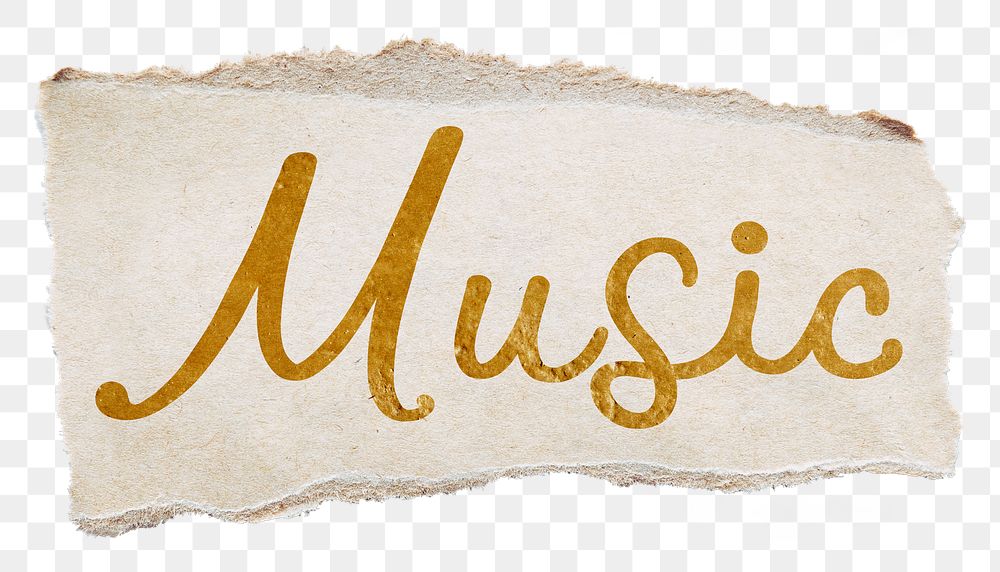 PNG music word, ripped paper, gold glittery calligraphy on transparent background