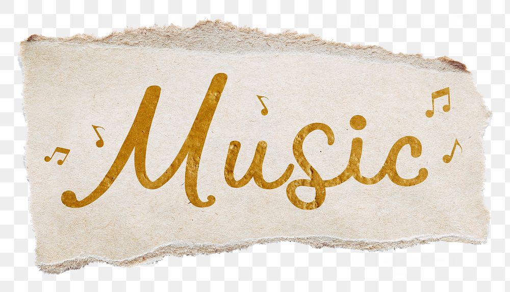 Music word png, gold glittery calligraphy on ripped paper, transparent background