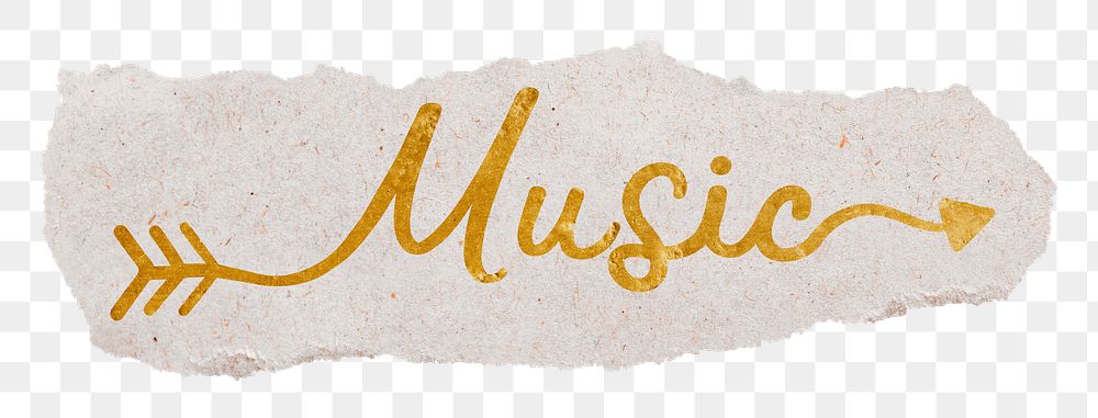 Music png word, ripped paper, gold glittery calligraphy on transparent background