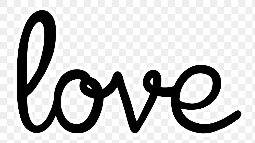 Love word png, minimal black calligraphy, digital sticker with white outline in transparent background