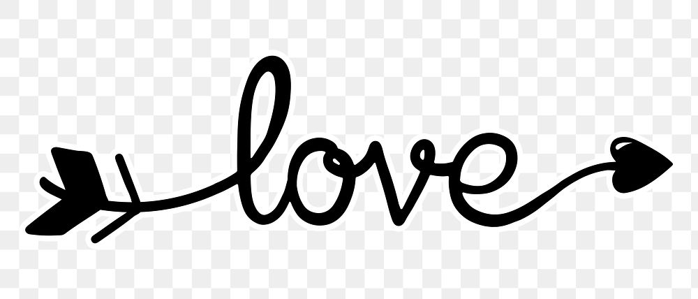 Love png word, minimal black calligraphy, digital sticker with white outline in transparent background