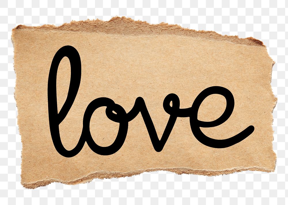 Love png word, torn paper, simple black calligraphy on transparent background