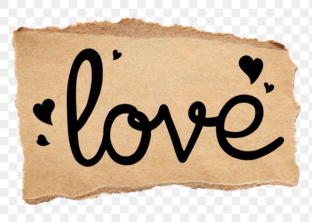 PNG love word, black calligraphy on torn paper, transparent background