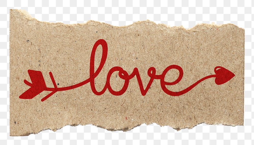 Love word png, red calligraphy on torn paper, transparent background