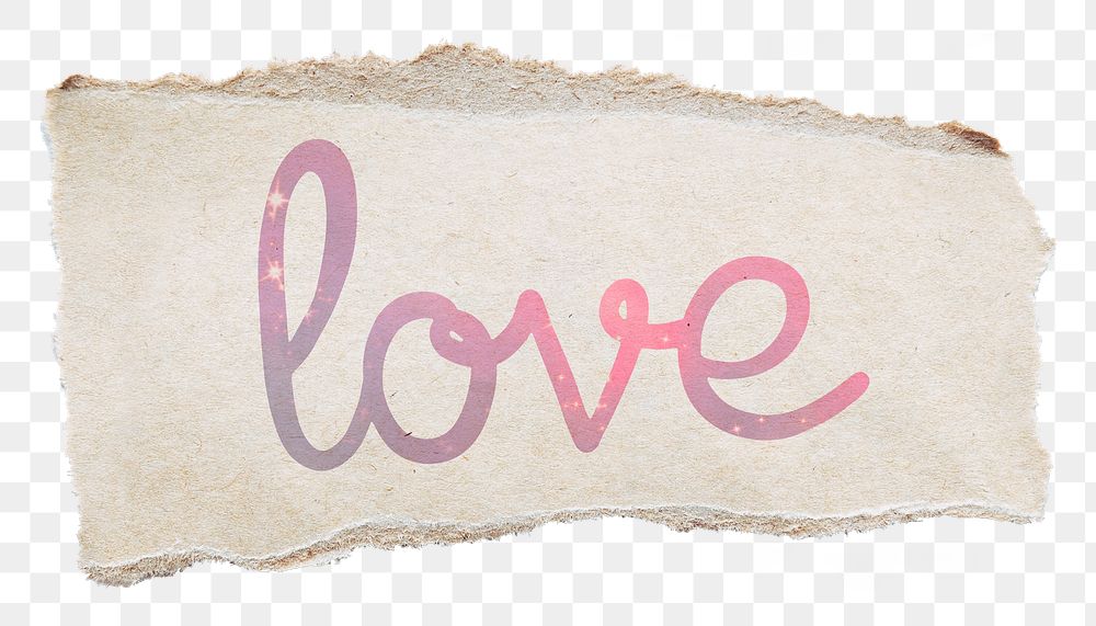 PNG love word, pastel pink calligraphy, torn paper in transparent background